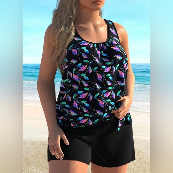 boutique Other - Women's Black Leaf Print Tankini Set